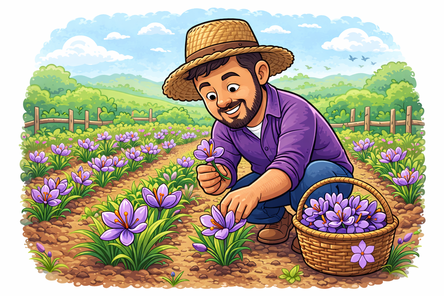 Cartoon of Jos&eacute; in the saffron field